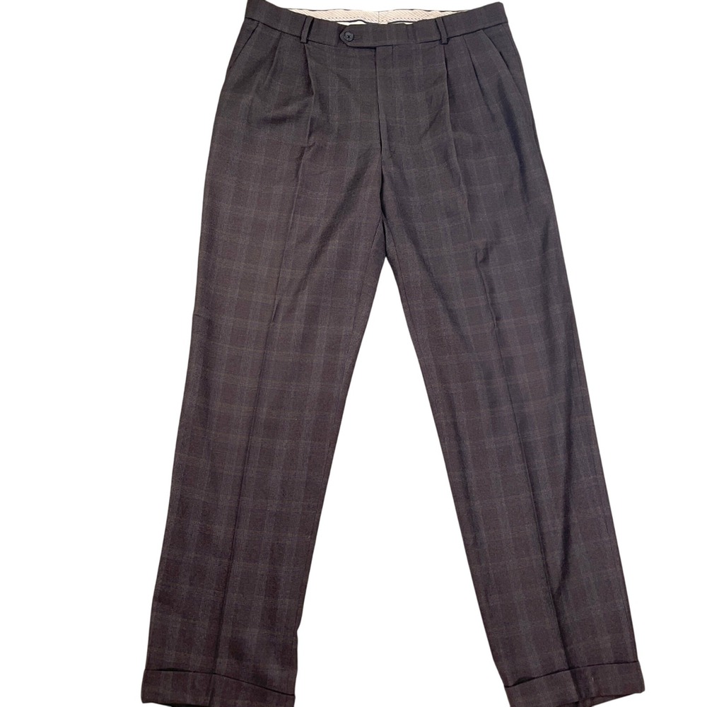BALLIN CLASSIC Pants Mens 36W 33L Gray Blue‎ Pleat Plaid Comfort EZE Wool